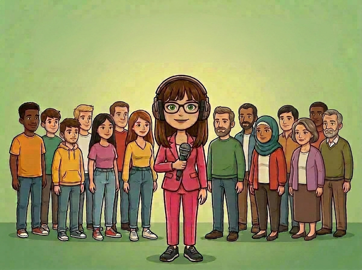 Retten til det gode arbejdsliv — illustration af Lisbeth med mikrofon omgivet af en mangfoldig gruppe mennesker